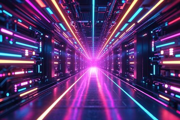 Vibrant Neon Cyber World Dynamic 3D Visualization with Energetic Colors and Lighting