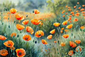 Obraz premium Enchanting Watercolor Landscape of Orange Poppies in Natural Floral Beauty