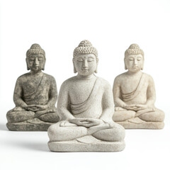 Three stone buddha statues in meditation pose capturing tranquility