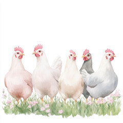 Fototapeta premium Group of colorful chickens standing on grass with flowers in a pastoral scene