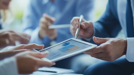Business team using digital tablet for financial data presentation in office
