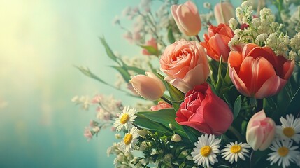 Radiant Bouquet: A close-up shot of a vibrant flower arrangement, featuring an array of roses, tulips, and daisies. The soft light creates a dreamy, romantic atmosphere.