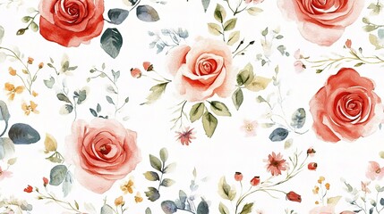 Romantic Rose Pattern: A watercolor-style floral pattern featuring delicate pink and coral roses, interspersed with lush green leaves and small wildflowers, creating a romantic and elegant design.