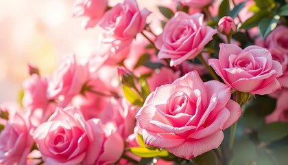 Fototapeta premium Soft light illuminates a delicate backdrop of pink roses, creating an elegant floral design, pink roses, petals