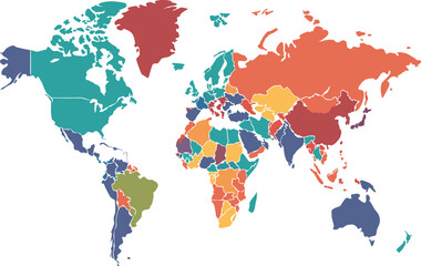 A vibrant, high-resolution world map in a vector illustration style Each country