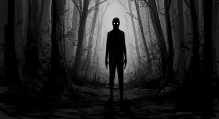 A shadowy figure with glowing eyes stands in the center of a dark and dense forest, creating a sense of mystery and fear.