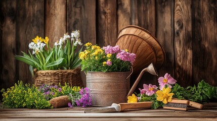 Blooming Garden Display: A vibrant tableau of garden blooms, presented with rustic charm, showcasing the beauty of nature and the tools of the gardener.