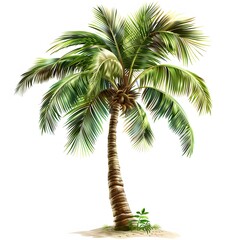 Lush Coconut Palm Tree with Bright Green Leaves on Sandy Ground