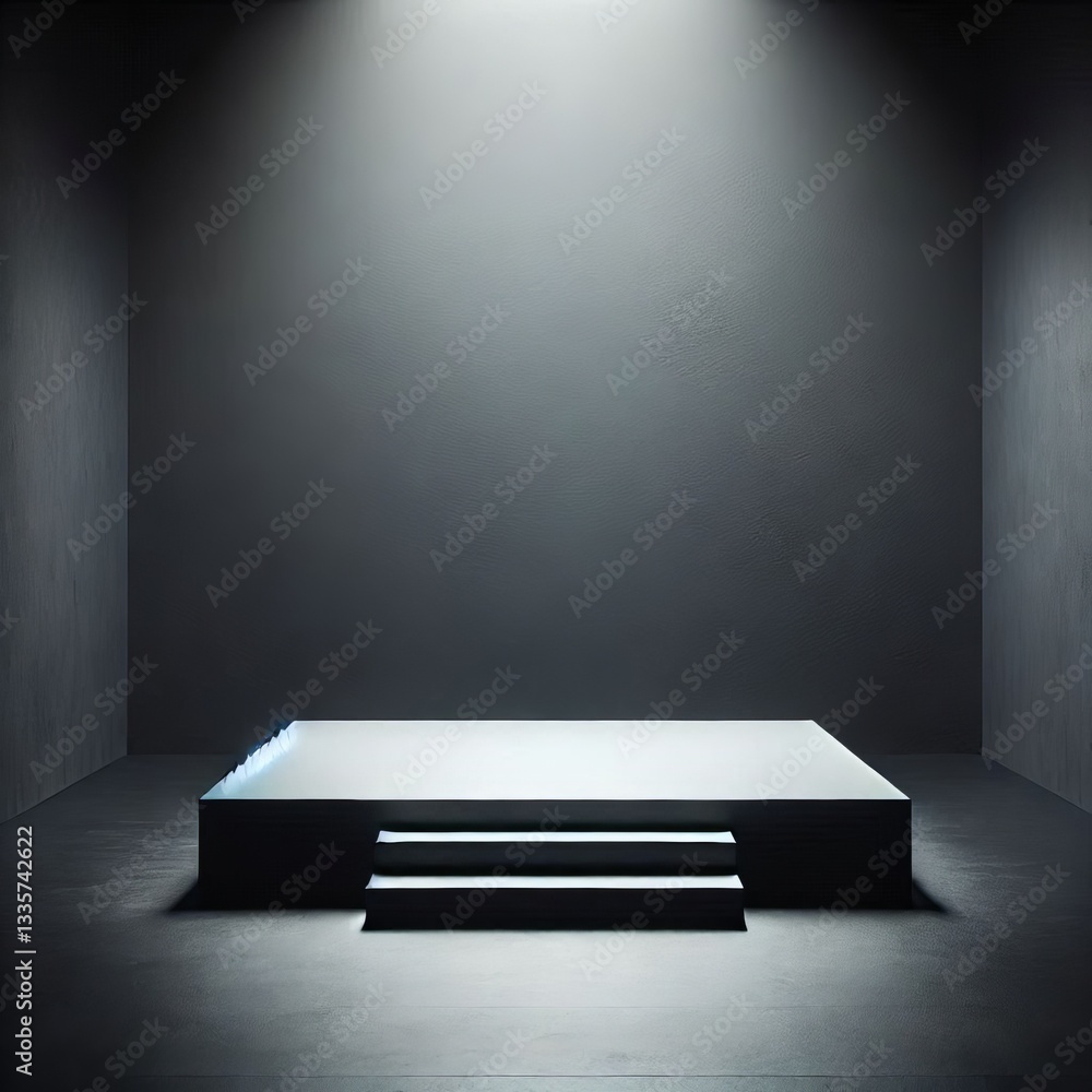 Poster empty stage with bright spotlights in a spacious dark room with clean walls and a smooth floor