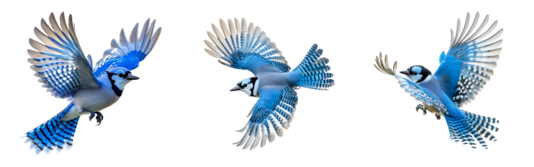 Set of Blue Jay with Fully Extended Wings Flying in the Air Isolated on a White or Transparent Background.