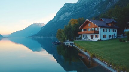 Lakeside chalet at dawn, reflecting in still water