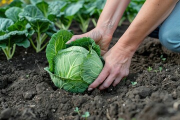 Premium Quality Visual of Woman Taking a Green Cabbage From the Ground