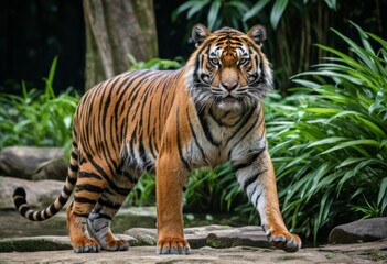 There's a tiger walking on a rock in the jungle