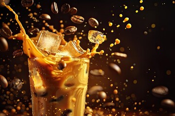 Iced Latte Coffee Splash with Ice Cubes and Roasted Beans on a Dark Background with Copy Space