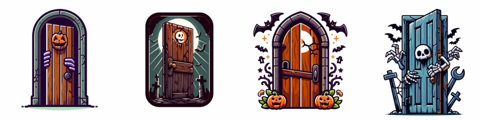 Y2 Halloween Creaking door 1 2 minimalist vector graphic showing a spooky haunted house entrance