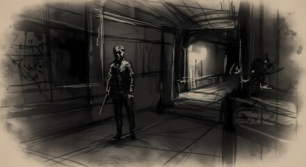 A black and white sketch-style illustration of a man standing in a dark corridor, holding a long object, with a light source at the end of the corridor, creating a mysterious and isolated scene.