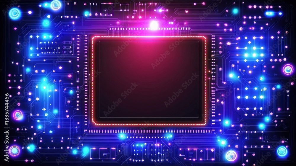 Aufkleber technological luminescence: an eye-level capture of a circuit board and processor, bathed in vibrant
