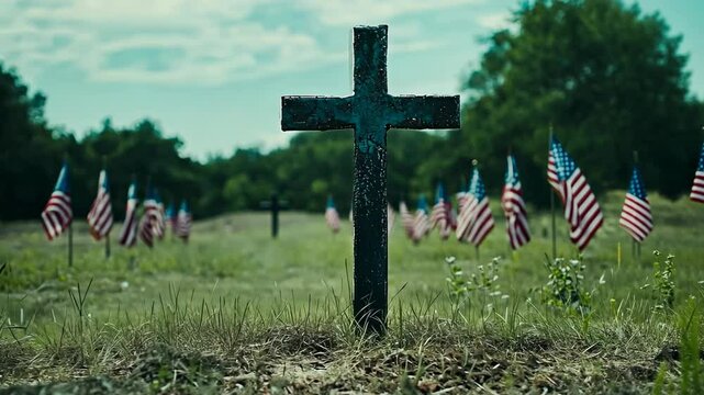 Memorial site features a cross surrounded by American flags in a serene landscape under a clear sky