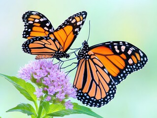 Naklejka premium Two Monarch Butterflies Pollinating a Purple Flower in a Serene Garden Setting