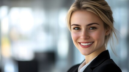 Confident businesswoman smiling, radiating professionalism and approachability in a modern office setting.
