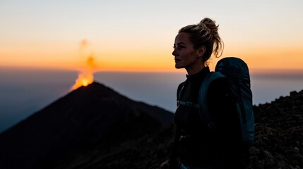 Adventurous Woman Hiking Volcano Sunrise  Epic Landscape Photography