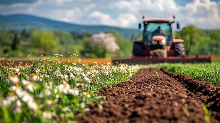 A red tractor plowing a farm field with flowers nearby