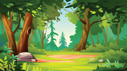 Peaceful forest scene with greenery, trees, and foliage in a bright, open area. Vector cartoon landscape illustration