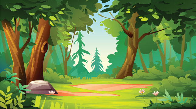 Peaceful forest scene with greenery, trees, and foliage in a bright, open area. Vector cartoon landscape illustration