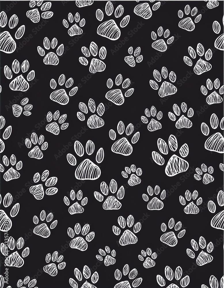 Poster trace black doodle paw prints seamless pattern background. seamless pattern design of puppy paw prin