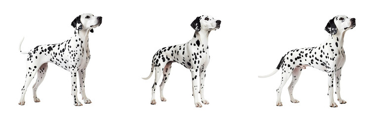 Set of Dalmatian standing in profile showcasing its iconic black-and-white spots isolated on a white or transparent background.
