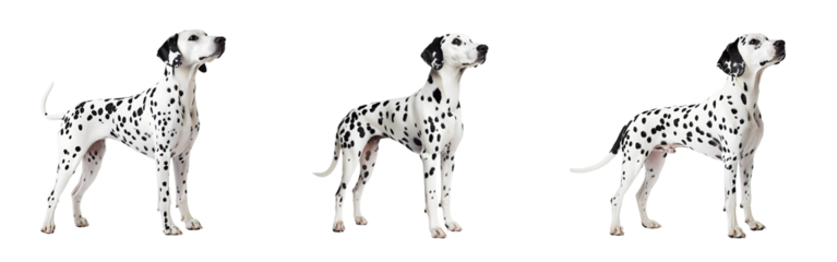 Set of Dalmatian standing in profile showcasing its iconic black-and-white spots isolated on a white or transparent background.