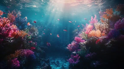 Obraz premium Vibrant Coral Reef: Sunbeams pierce the crystal-clear water, illuminating a breathtaking underwater scene teeming with colorful coral and diverse fish.