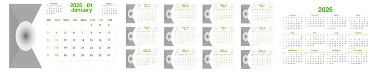 calendar 2026 with week number. Text and font editable and replaceable. Vector template for business, schedule, organizer, and planner. Happy new year.
