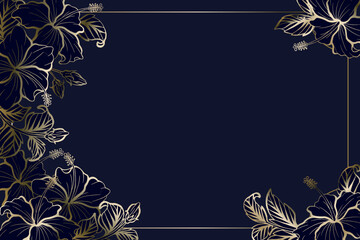 Hibiscus dark elegant line art floral background with silver metallic colors