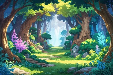 Vibrant Anime Cartoon Style Enchanted Forest Backdrop Illustration