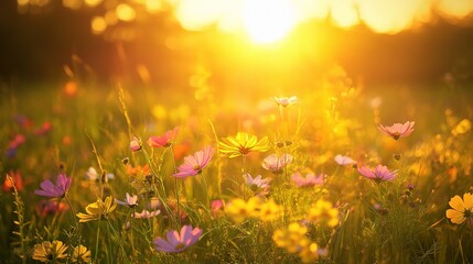 Fototapeta premium Golden Hour Bloom: Vibrant wildflowers bathe in the warm glow of the setting sun, painting a picturesque landscape with vibrant hues and delicate petals. The sun's rays, like a golden brushstroke.