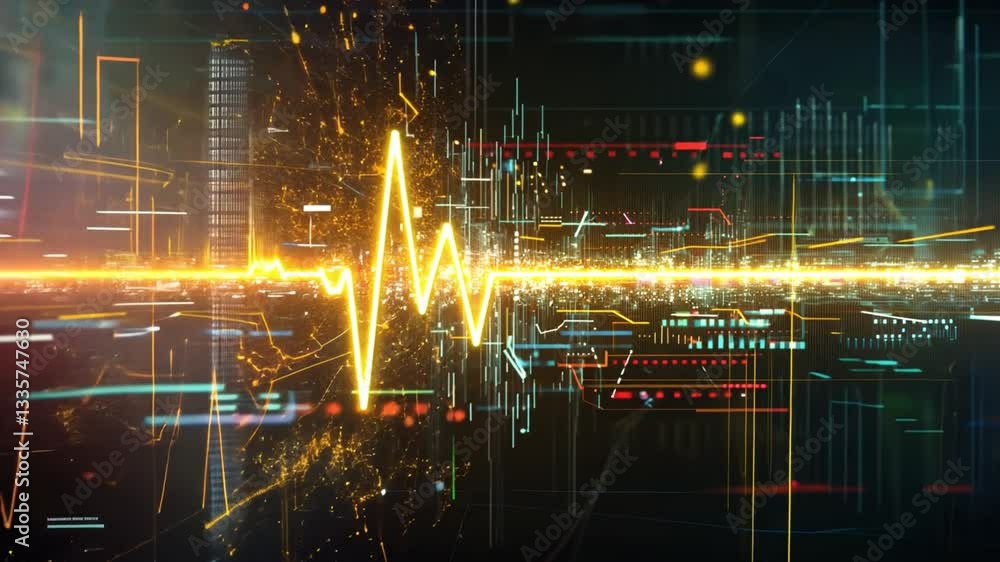 Poster dynamic digital representation of heartbeat pulse line glowing yellow waveform in futuristic abstrac