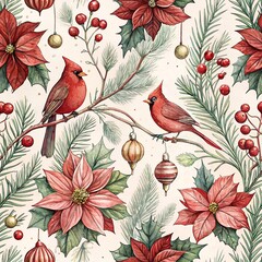 Festive Watercolor Christmas Floral Pattern with Cardinals Poinsettias and Ornaments