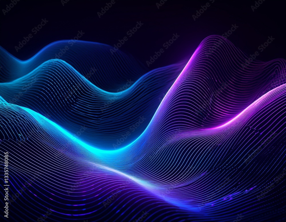 Poster blue purple wave line light gradient dark background. abstract technology big data digital backgroun