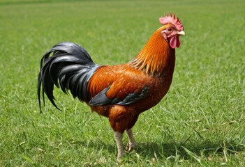 Fototapeta premium The rooster stood on a meadow with a red comb