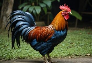 Fototapeta premium The rooster stands on the pavement in the grass against a background of trees