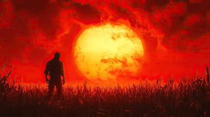 Fototapeta premium Silhouette figure stands in a field during a fiery sunset