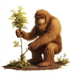 Obraz premium A whimsical creature tending to a young plant, showcasing the harmony between nature and mythical beings.