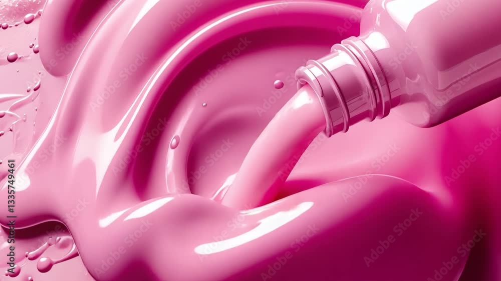 Poster vibrant pink liquid pouring from bottle creating smooth glossy waves and bubbles with dynamic textur