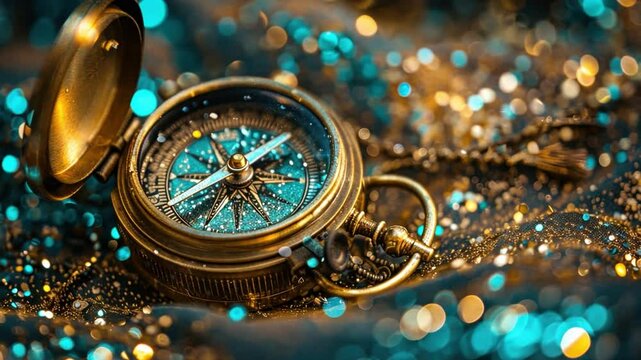 Vintage Brass Compass on Glittering Blue and Gold Surface Journey of Adventure, Exploration, and Navigation with Antique Charm and Intricate Details Highlighted by Shimmering Surroundings