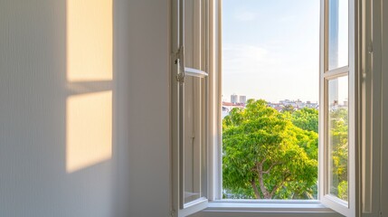 Sunlight Through Open Window Frame   White Wall  Shadow  Green Trees  Cityscape View