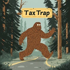 A whimsical illustration of Bigfoot encountering a tax trap sign in a dense forest.
