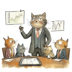 A whimsical illustration of cats engaged in a business meeting, showcasing humor in a corporate setting.
