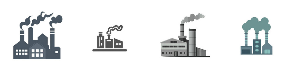 Four factory icons, pollution, industrial area isolated on white or transparent