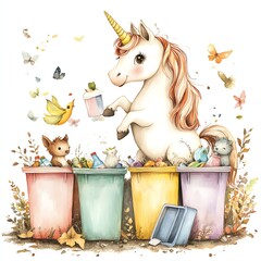 A whimsical unicorn cleaning up with woodland friends, promoting environmental awareness and recycling.